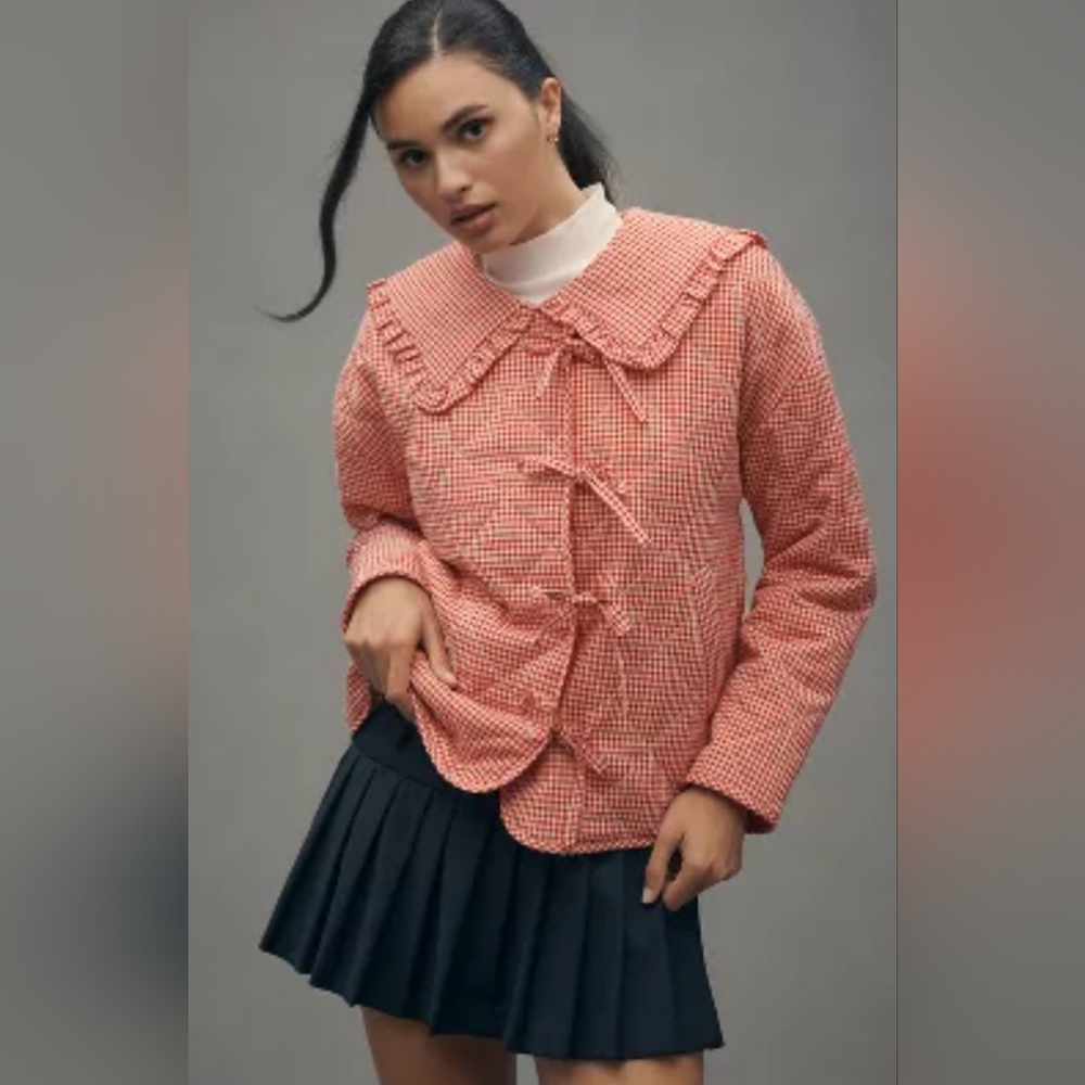 Red Checkered Blouse with Ruffle Collar